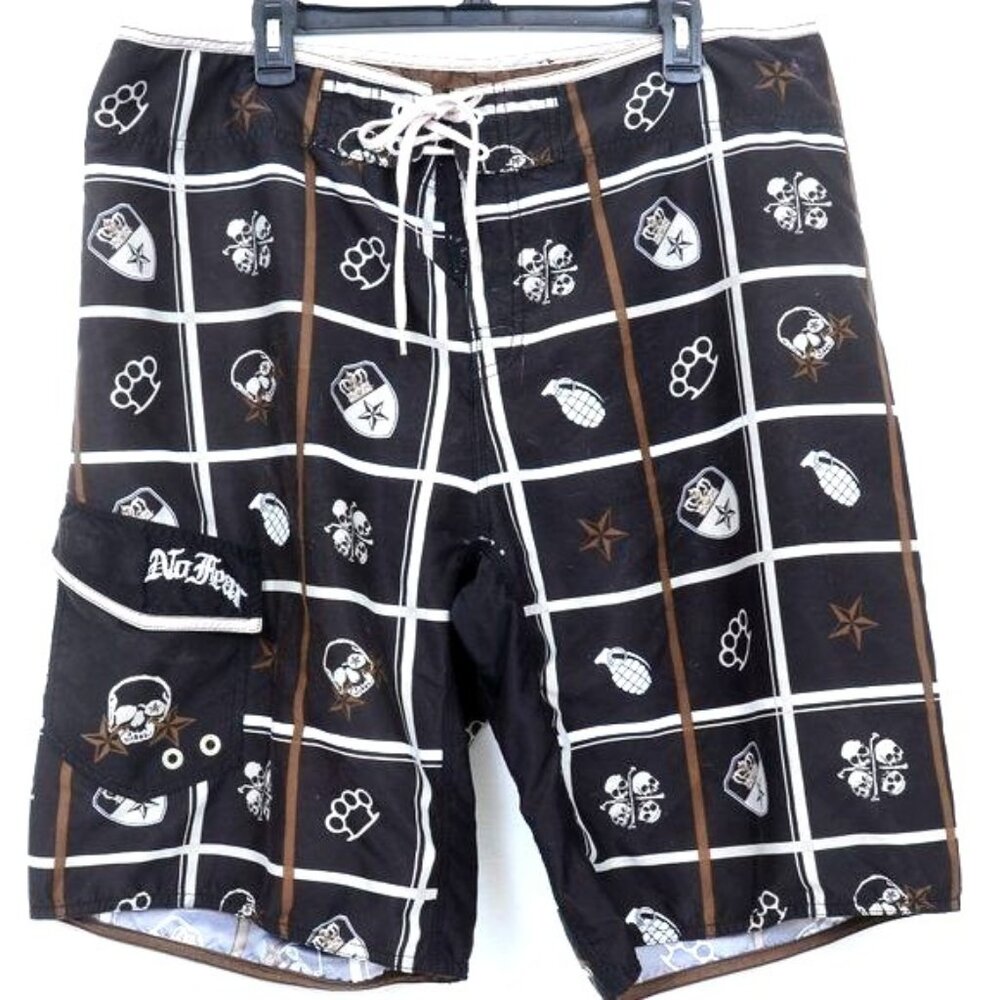 No Fear Men's Size 40 Board Shorts Skull Swim Trunks Punk Skater Grunge Surf
